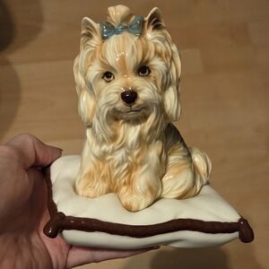 Vtg Yorshire Terrior On Pillow Ceramic Porcelain